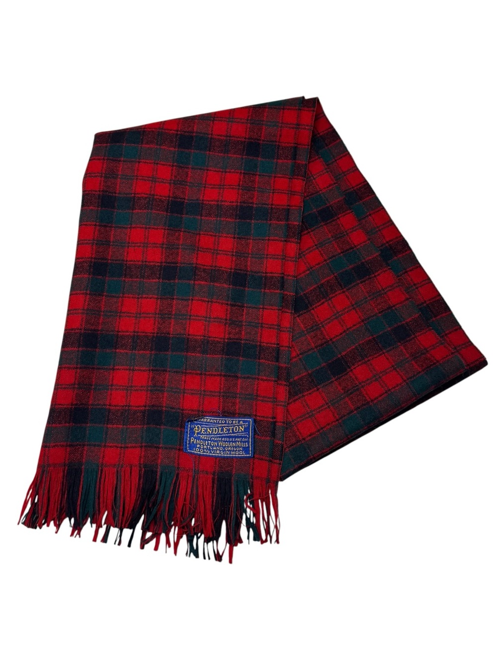 Vintage Pendleton 100% Virgin Wool Red Green Plaid Fringe Scarf USA 49" x 13"